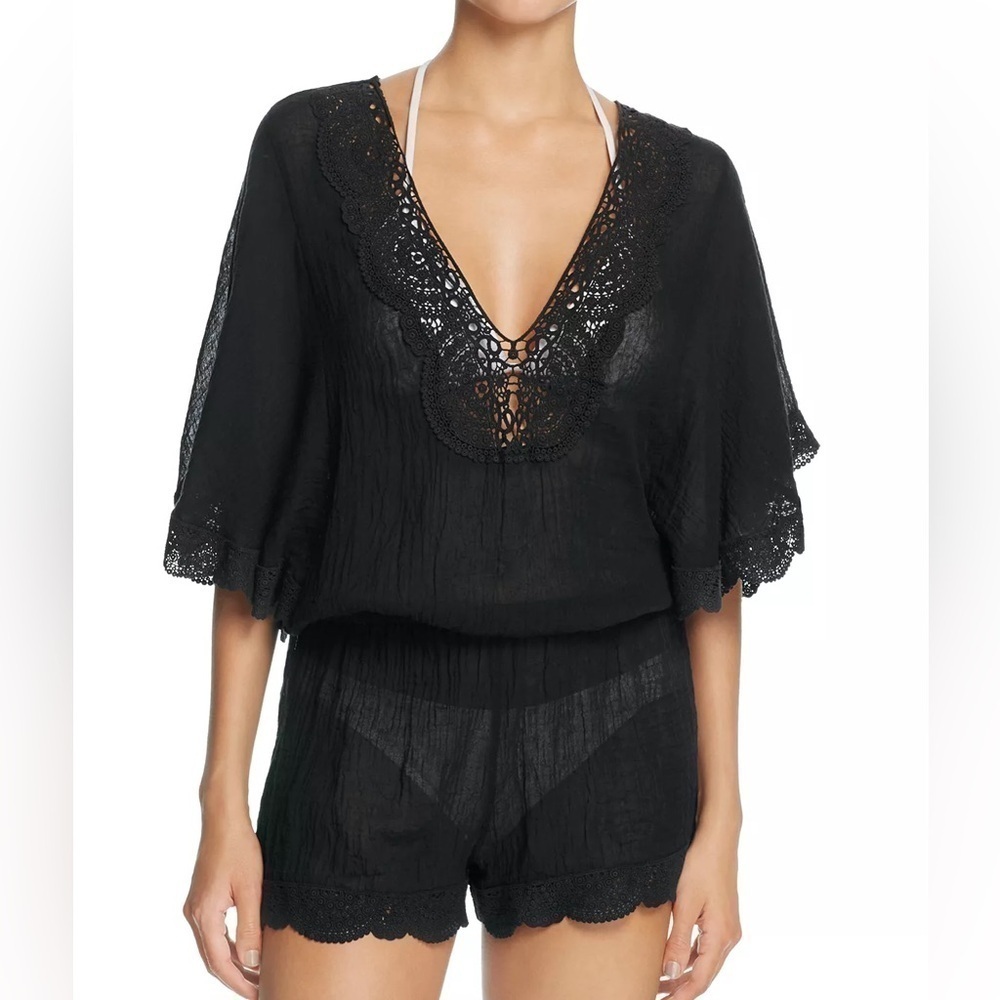 Eberjey Sol Lace Trim Liberty Romper 100% Cotton Swim Coverup in Black Size S/M